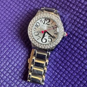 Betsey Johnson Silver Watch with Crystal oversize numbers, red heart women’s